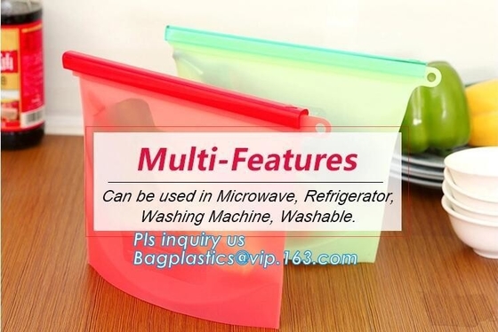 Storage preservation reusable silicone food bag,FDA reusable silicone storage food bag with k in microwave bagease