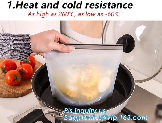 Storage preservation reusable silicone food bag,FDA reusable silicone storage food bag with k in microwave bagease