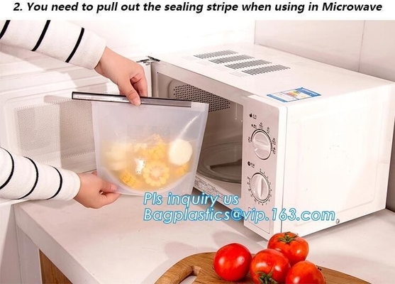 Storage preservation reusable silicone food bag,FDA reusable silicone storage food bag with k in microwave bagease