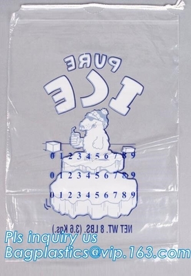 ECO FRIENDLY ICE PACK BAGS, ECO GREEN PACKAGING, BIO ICE BAG, disposable drawstring top crystal clear ice plastic bag,