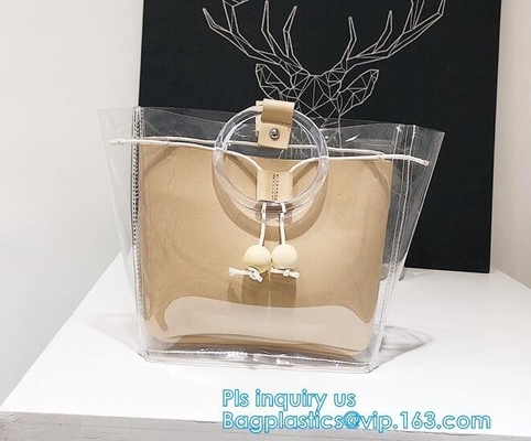 reusable eco friendly tote transparent pvc shopping bag, shopping cluth PVC beach bag with zipper, eco-freindly Promotio