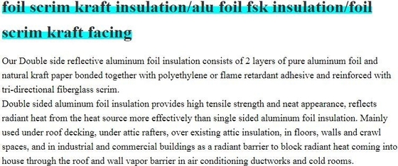 Foil crim kraft insulation,Alu foil FSK insulation, FOIL scrim kraft facing, reflective aluminium foil insulation,bonded