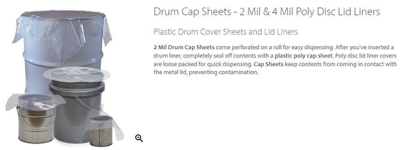 Drum cover dust caps, round bottom drum liners, drum cap sheets, poly disc lid liners, 5 gallon, 15 gallon, 30 gallon, 5