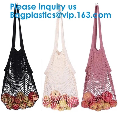 Organic Pure Cotton String Net Tote Shopping Bag with Long Handle Durable Washable Logo Customize Shopping Handbag Large