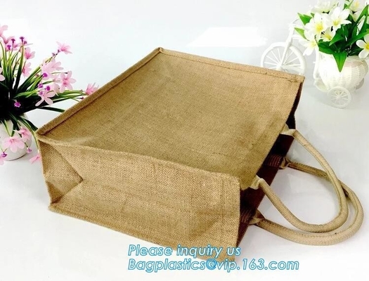 Natural Burlap Tote Shopping Bags Reusable Jute Bags with Full Gusset with Handles Laminated Interior tote shopper pack