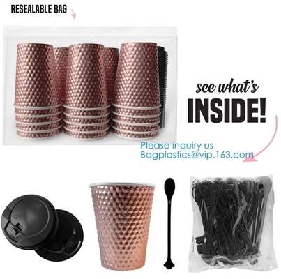 Metallic Party Rose Gold Cups Black Lid Spoon | Rose Gold Party Decorations | Bridal Shower Decorations | Coffee Cups