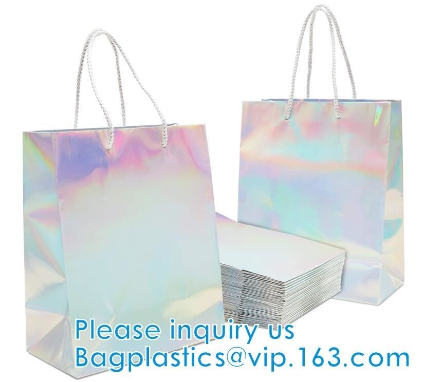 Silver Iridescent Medium Gift Bags With Handles For Weddings, Birthdays pack, Metallic Presents Wrapping Party Favor Bag